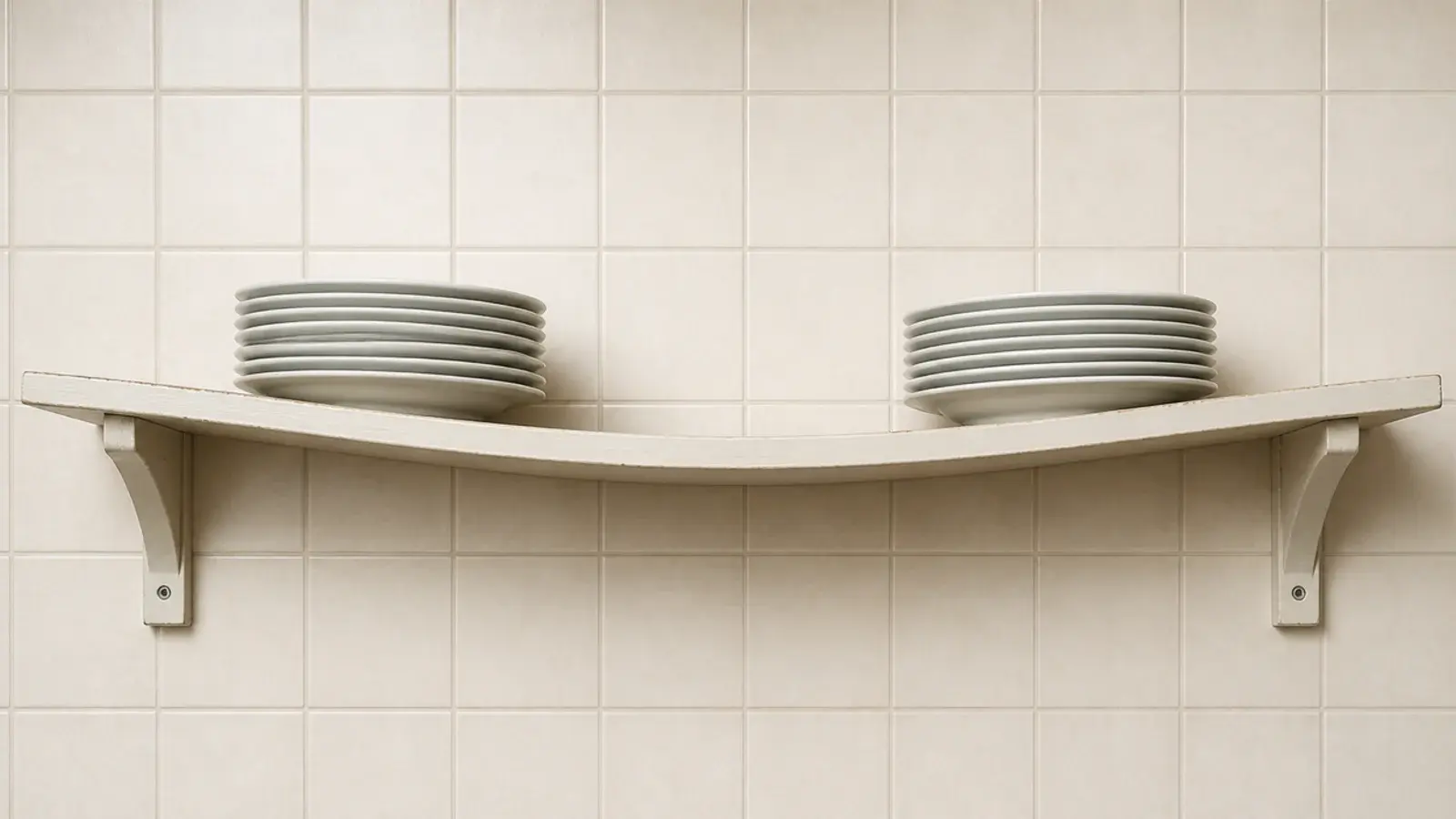 thin kitchen shelf sagging visibly in the middle under stacked plates