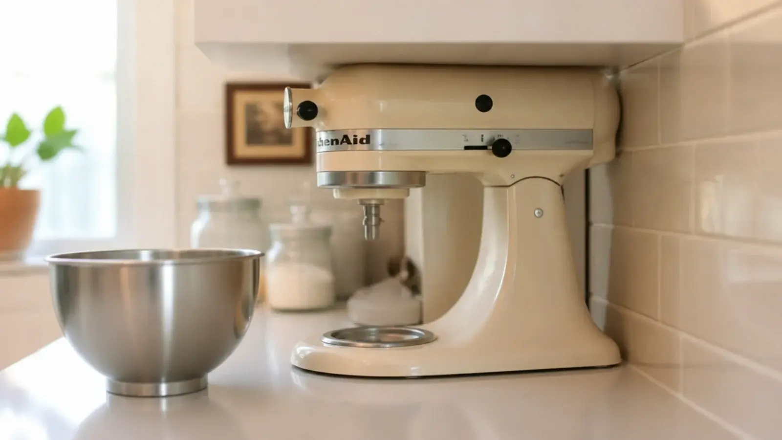 stand mixer wedged under a kitchen shelf mounted far too low