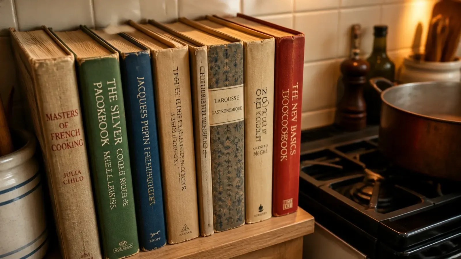 cookbooks stained and yellowed on a kitchen shelf next to a stove