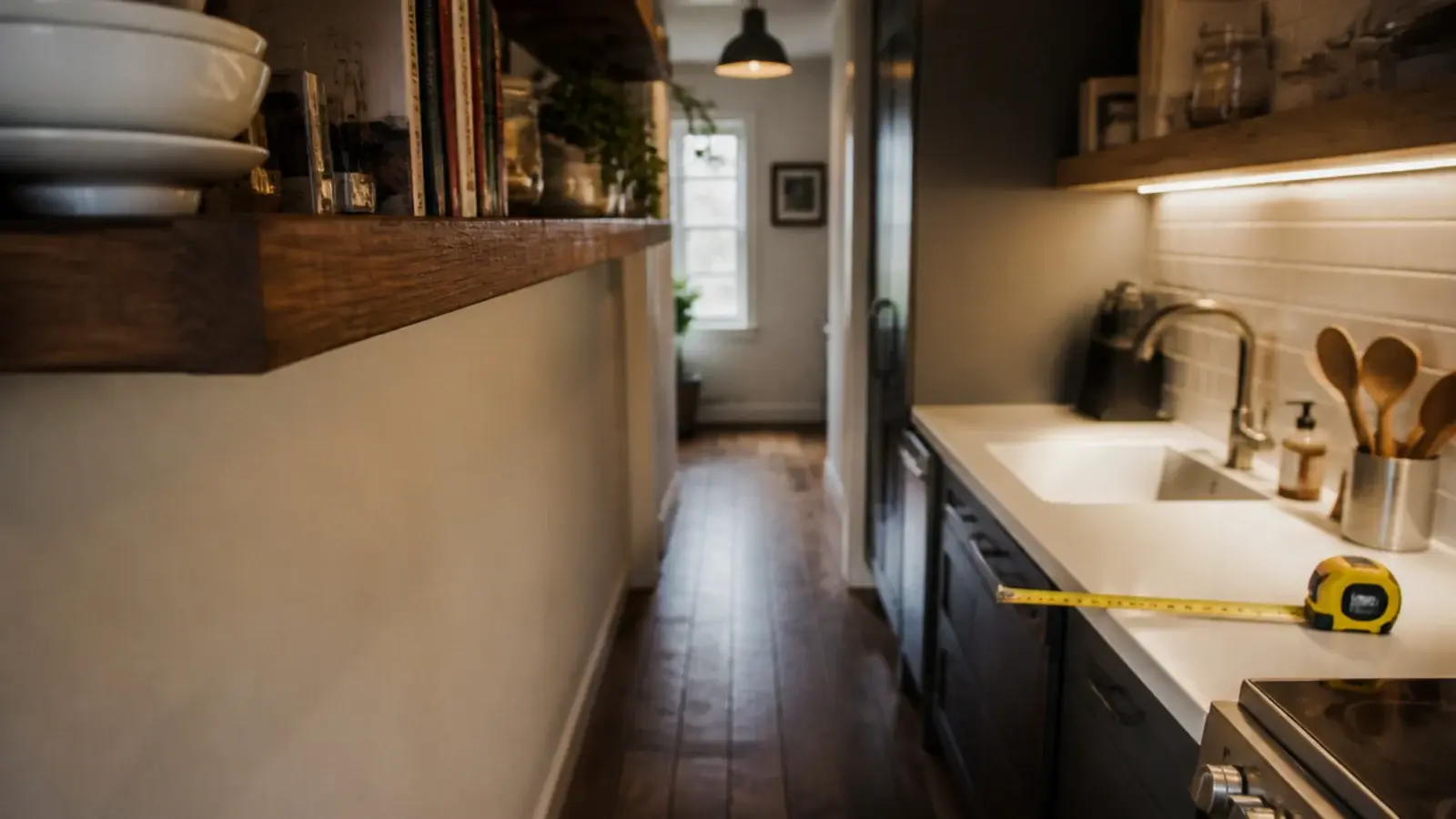 deep kitchen shelf jutting into a narrow galley walkway beside a counter