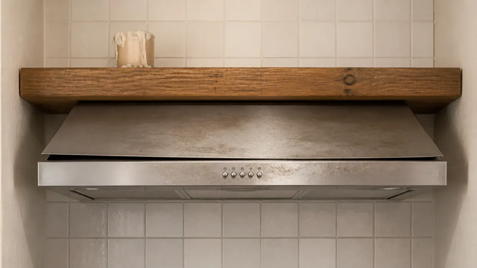 timber shelf above a range hood with a lifted edge and softened finish