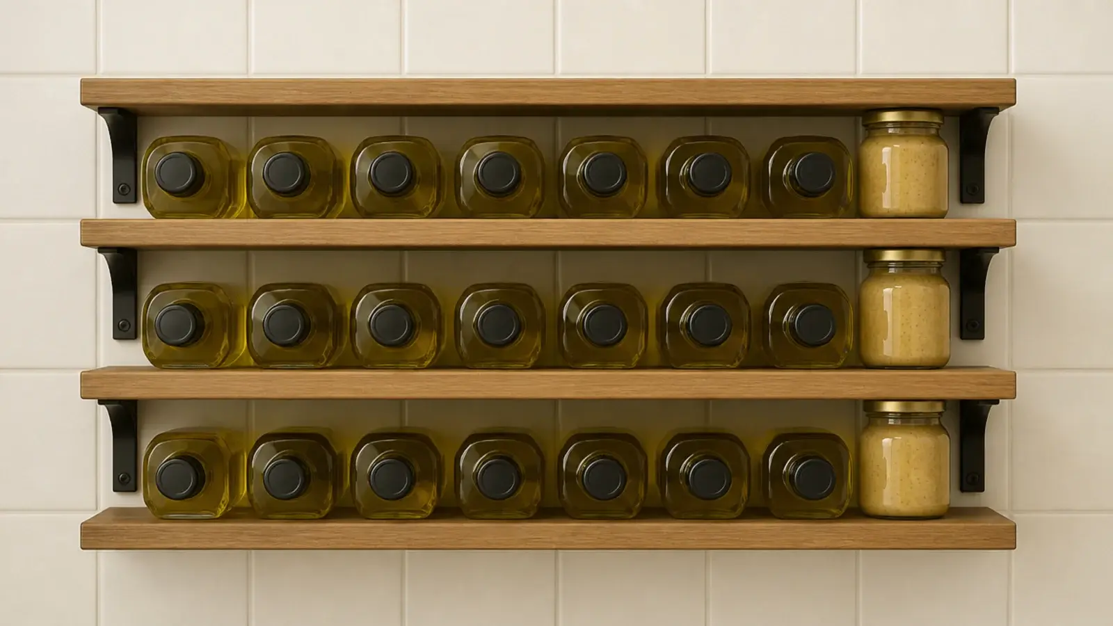 kitchen shelves spaced too tightly with bottles laid on their sides