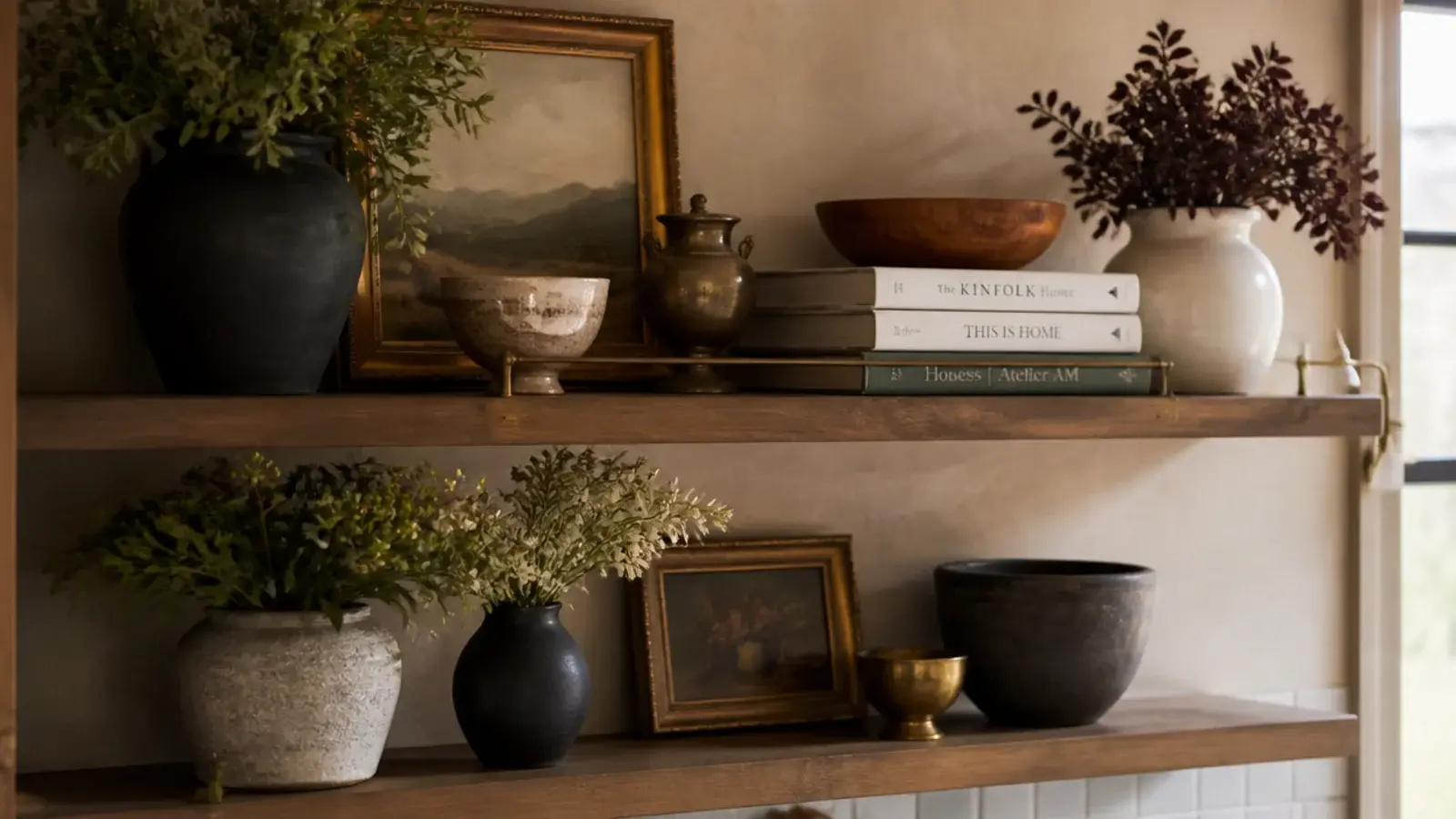 kitchen shelf crowded with decorative props and unused ceramic objects