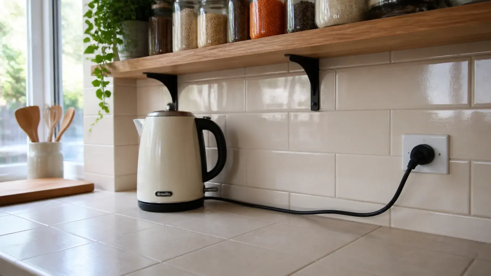 kettle cable running awkwardly across tile beneath a kitchen shelf