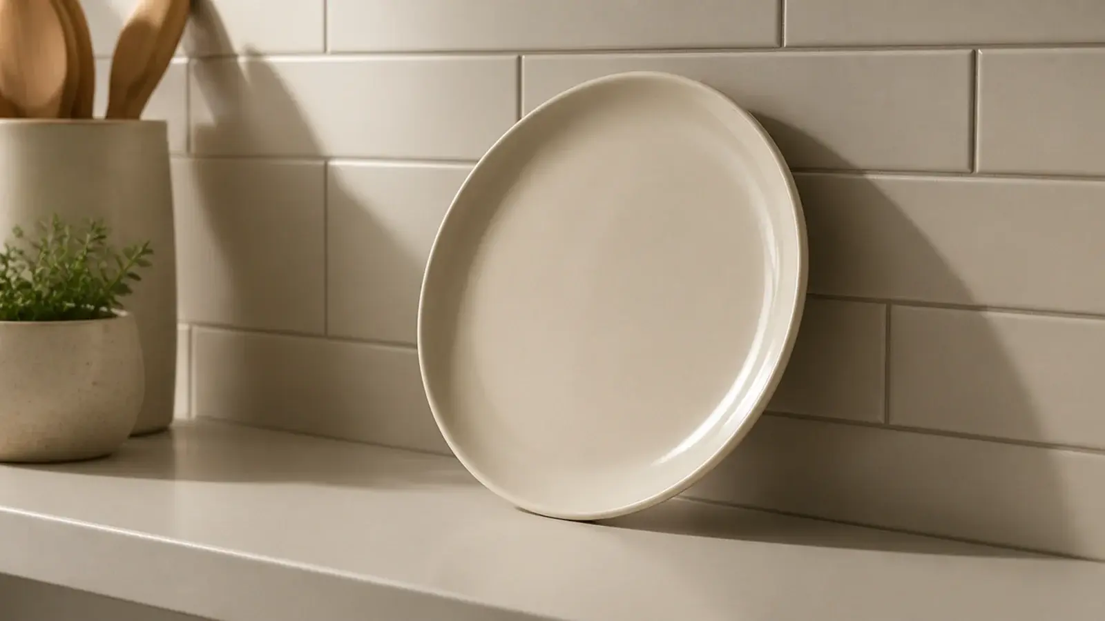leaning plate slipping forward on a kitchen shelf with no front lip