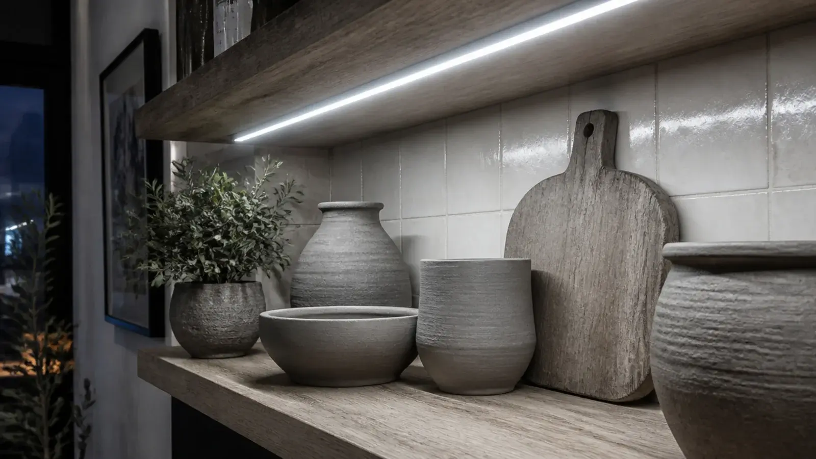 cool white light making oak kitchen shelves and terracotta look grey