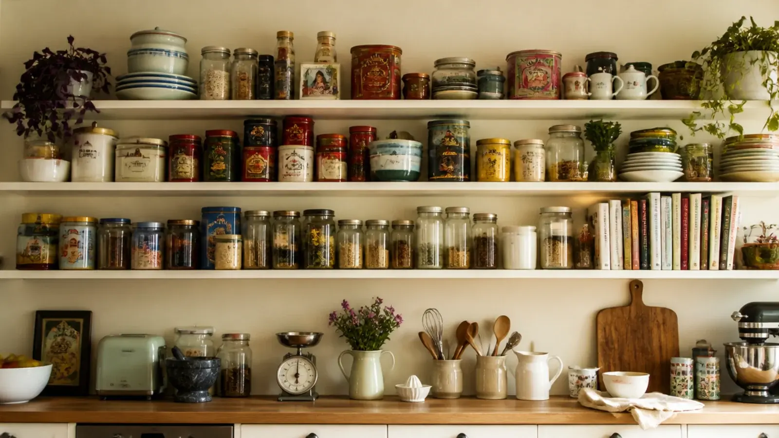 kitchen wall of open shelves overloaded after all cabinets were removed