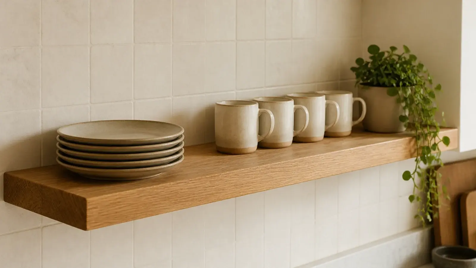 calm edited open kitchen shelves with everyday dishes and clear spaces