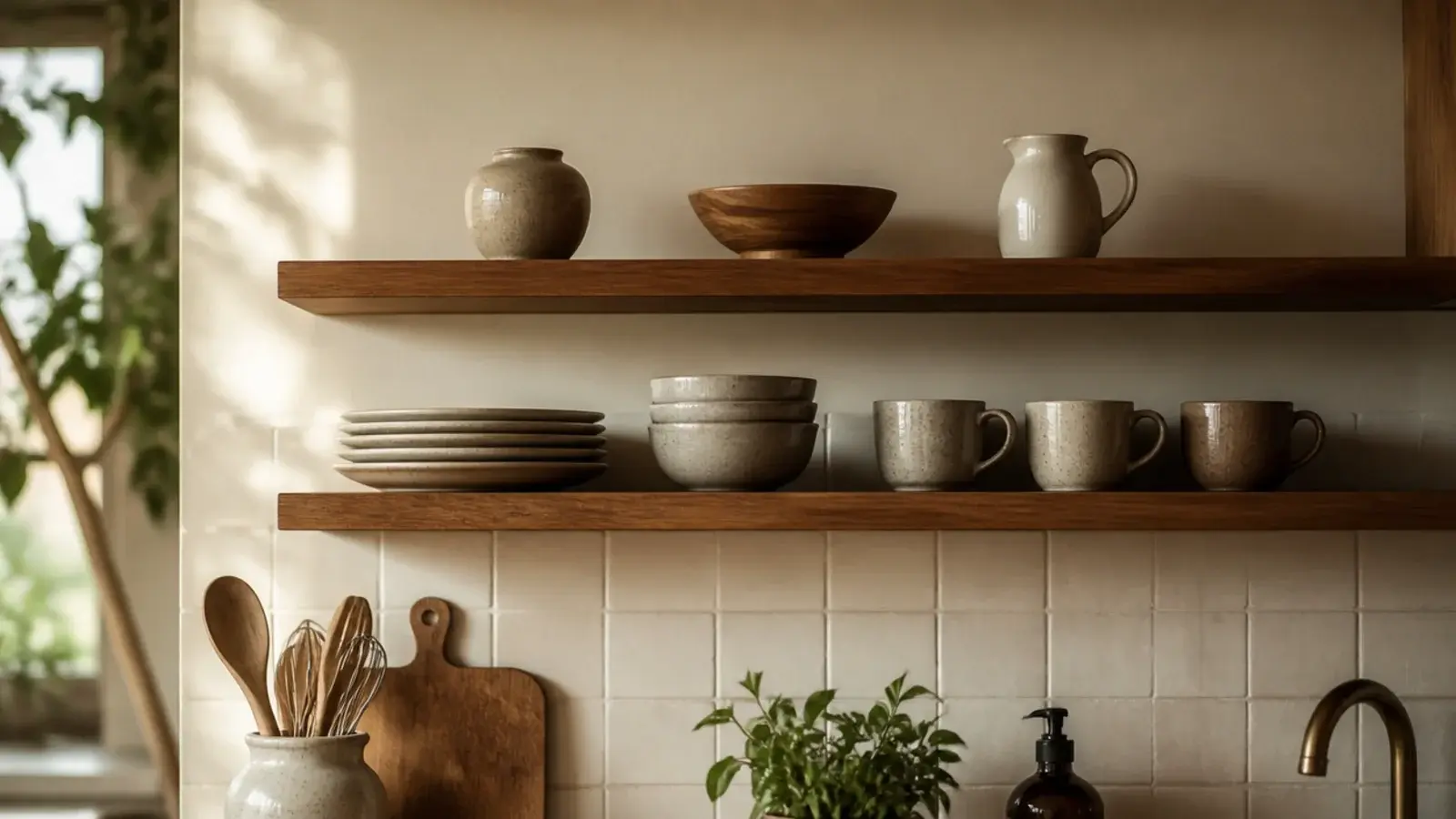 open shelving mistakes fixed on wiped oak kitchen shelves holding everyday stoneware