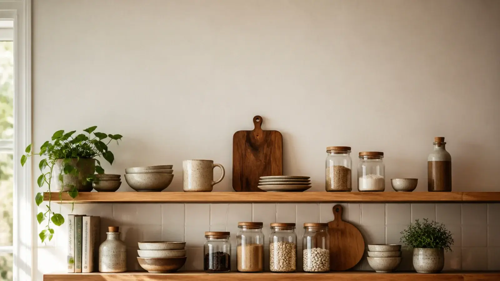 vertical image of corrected open shelving mistakes on tidy kitchen shelves