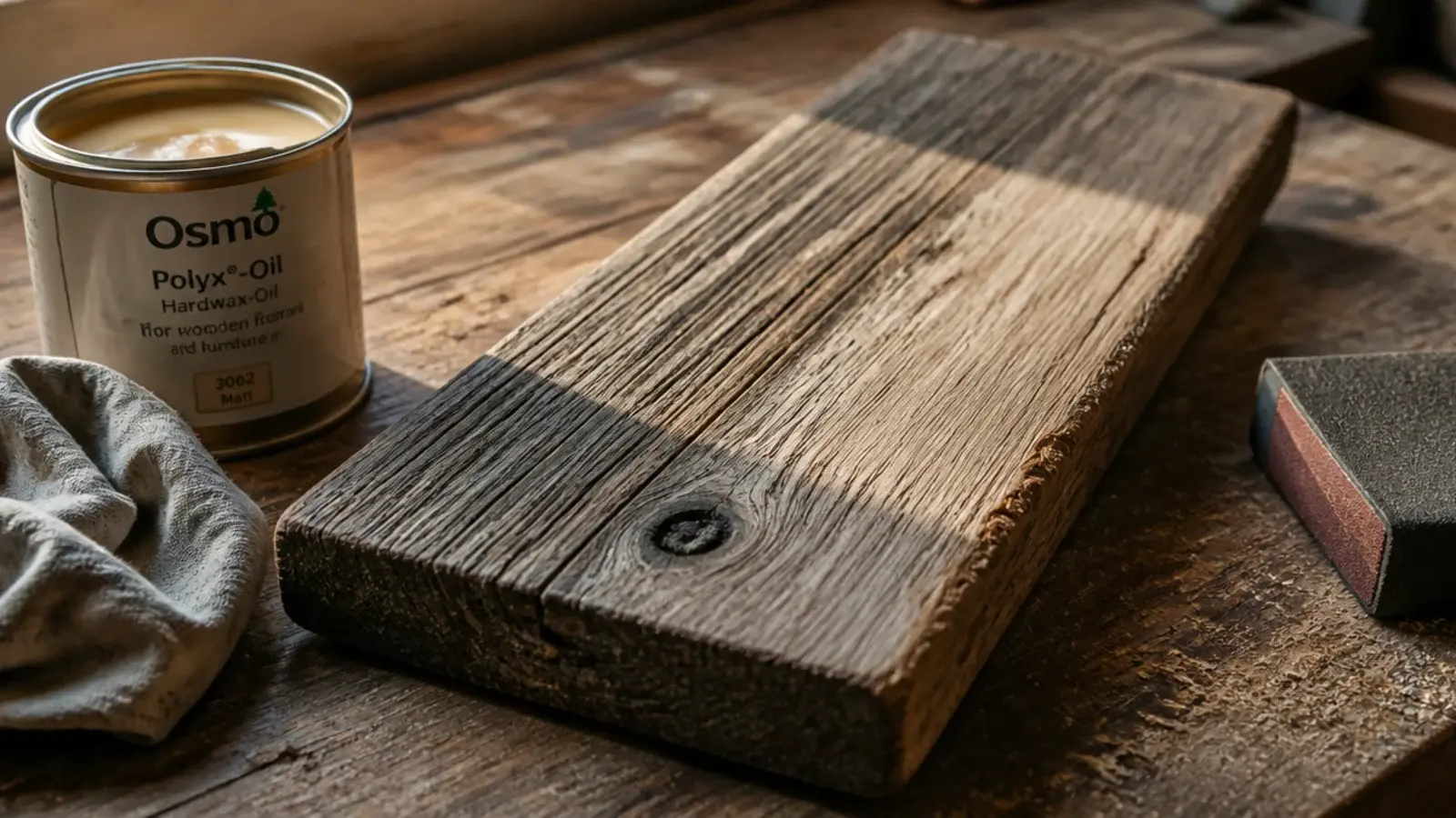 reclaimed board being sanded and sealed for use as a rustic kitchen shelf