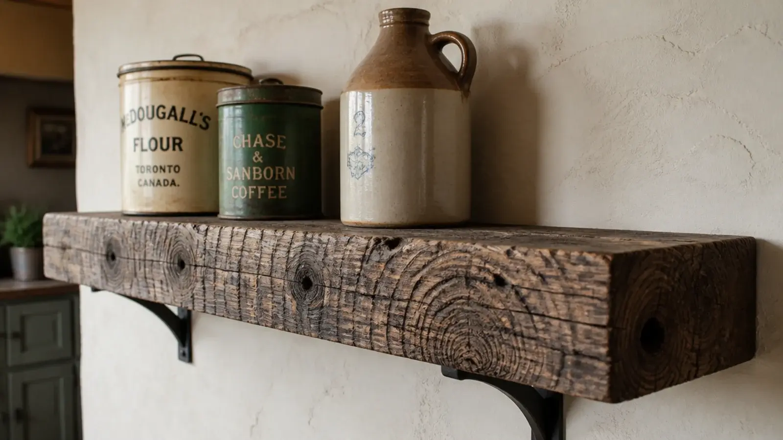 reclaimed barn board kitchen shelf showing original circular saw marks