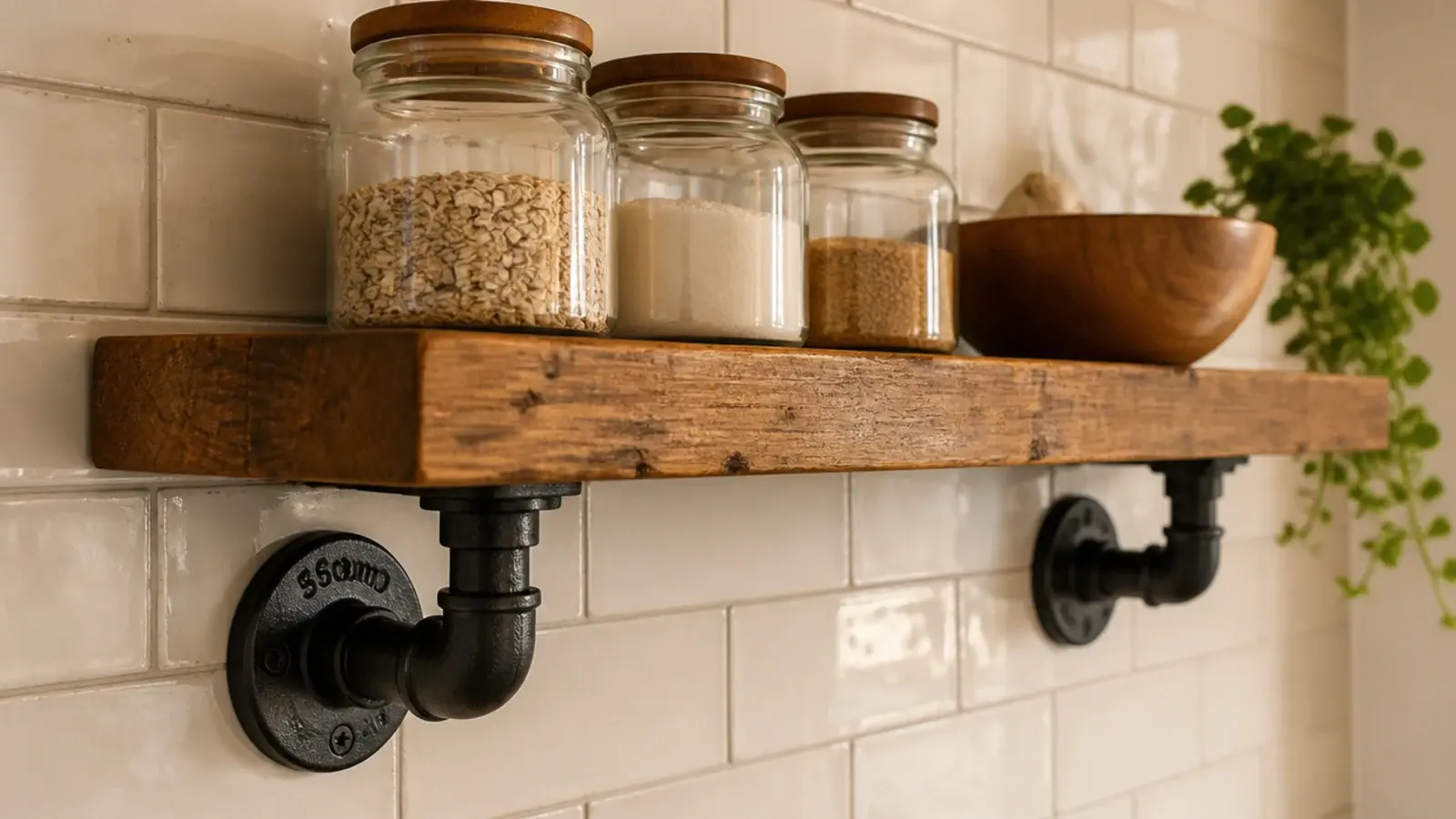 black iron pipe brackets supporting a thick rustic kitchen shelf