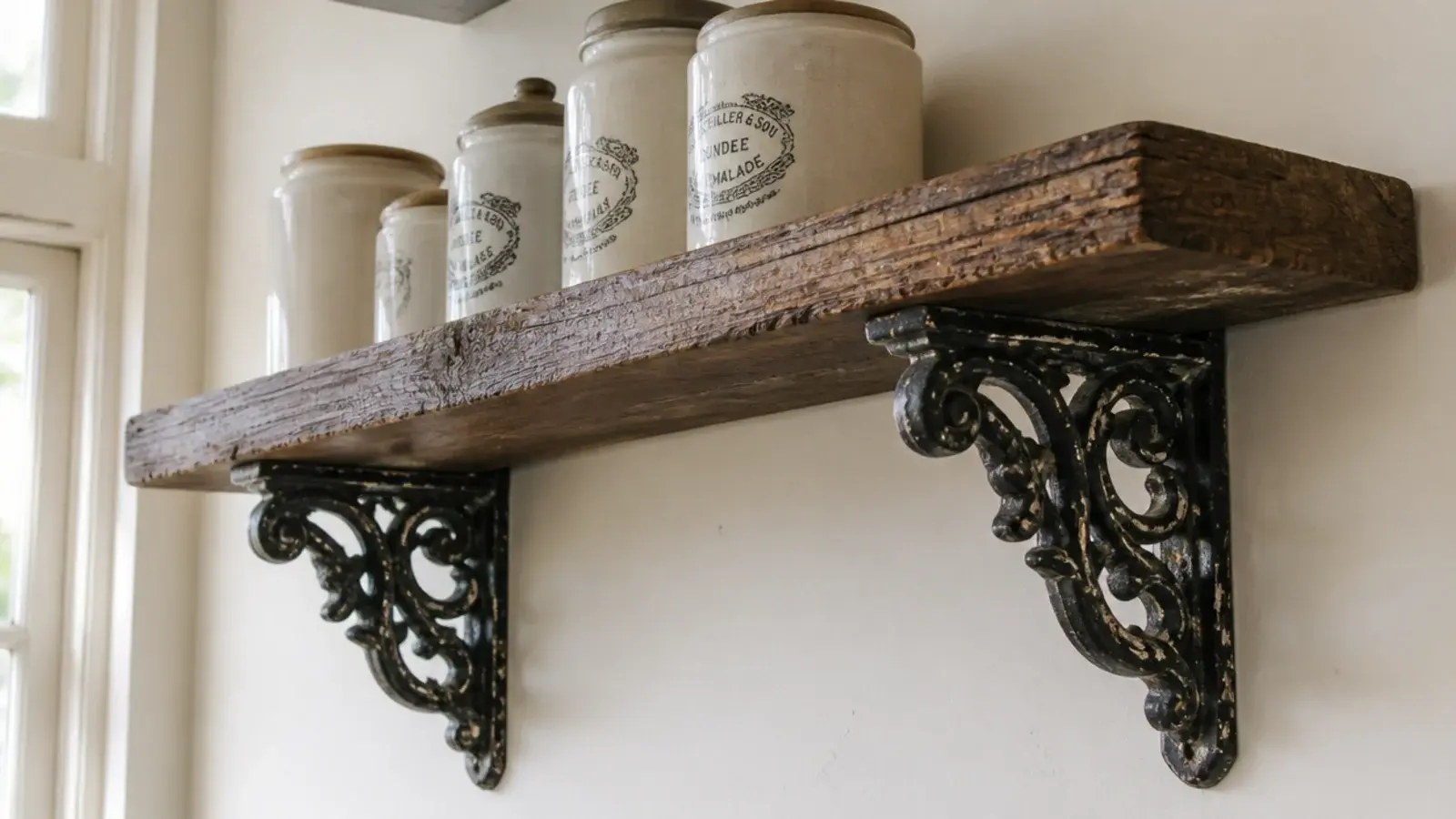ornate cast iron corbels holding an old timber shelf in a kitchen