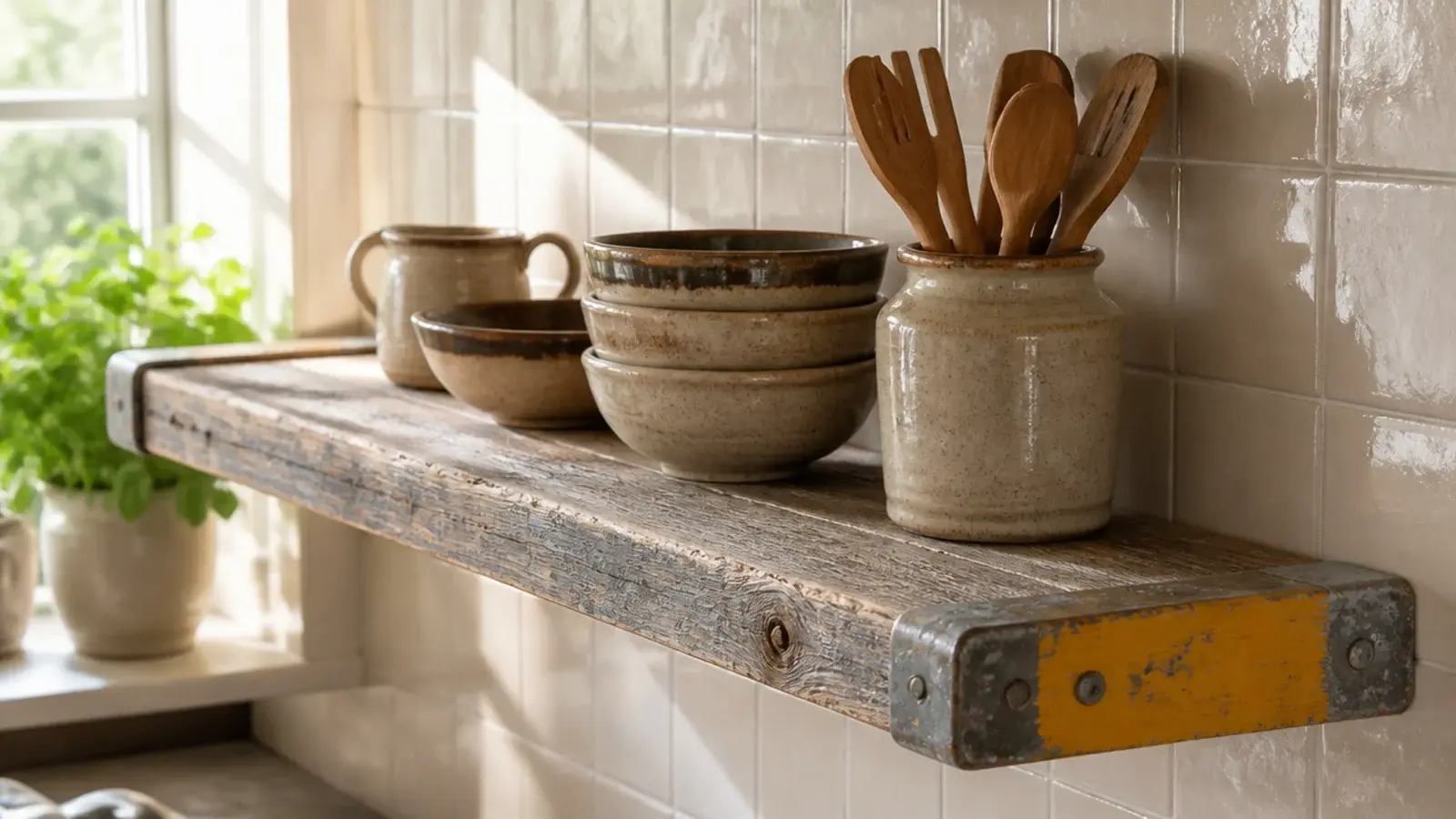 used scaffold board fitted as a deep thick rustic kitchen shelf
