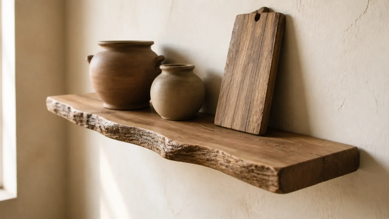 live edge timber kitchen shelf with a natural wavy front profile