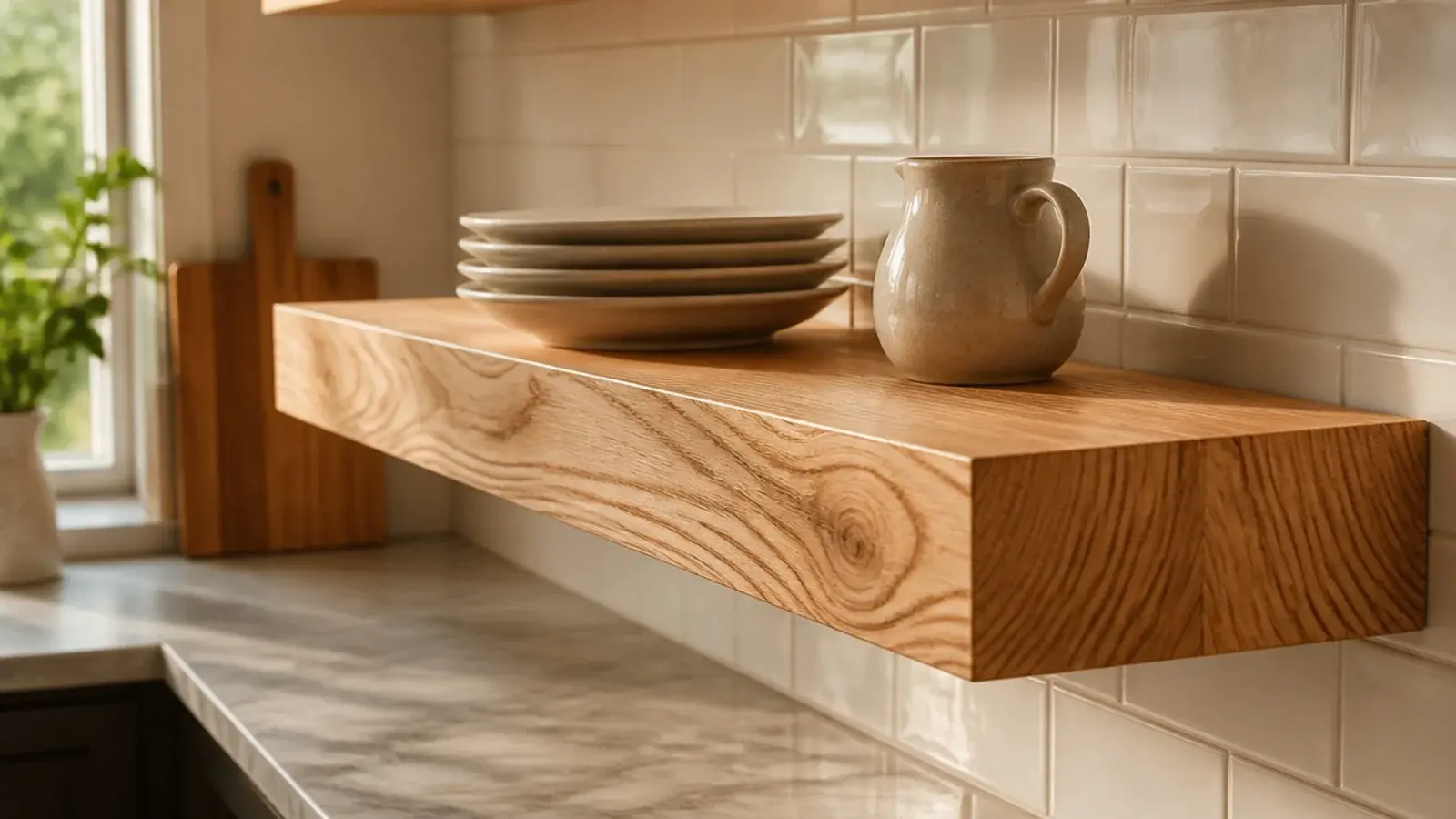 ash kitchen shelf with strong wild grain patterns above a counter