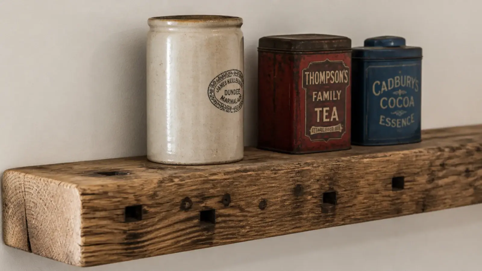 old timber kitchen shelf with visible nail holes and dark knots