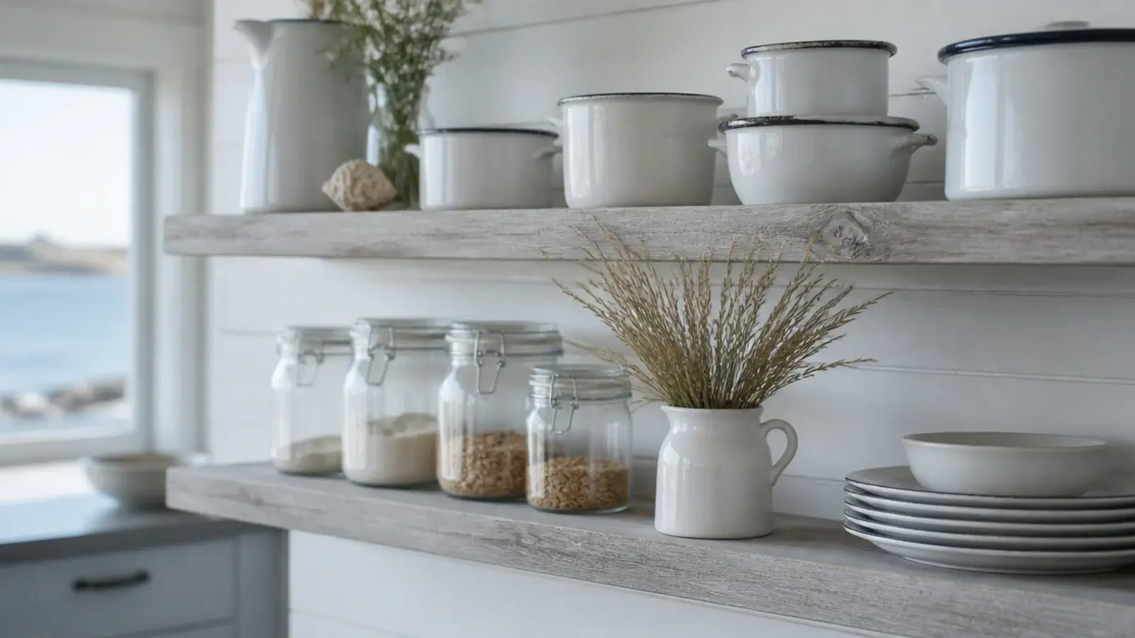 pale grey weathered timber kitchen shelves in a bright coastal kitchen
