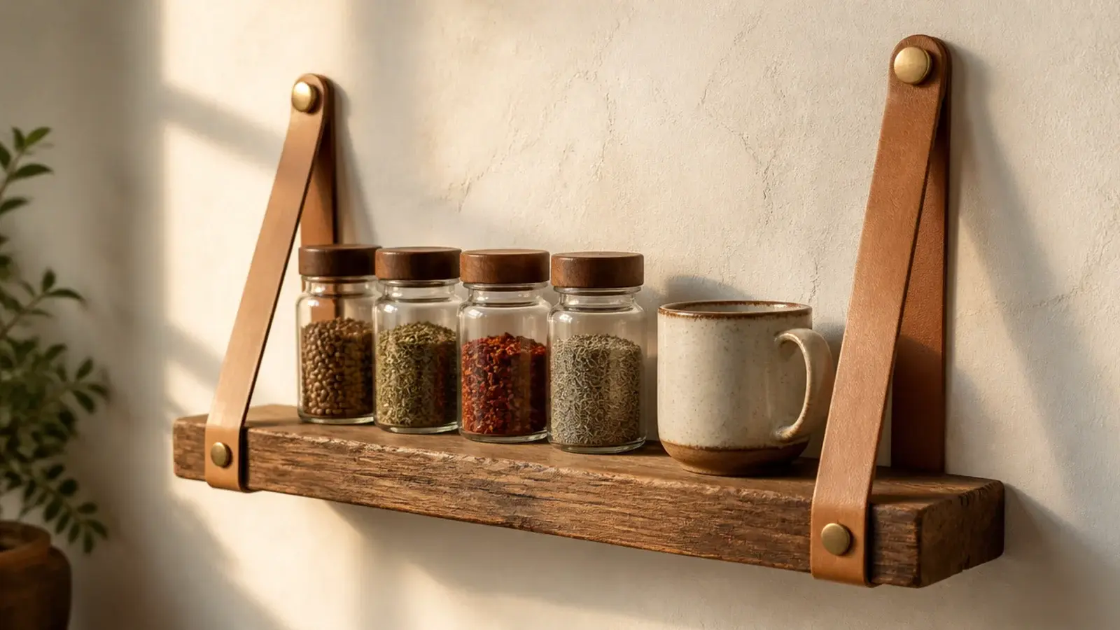 timber kitchen shelf hung on thick leather straps from wall anchors