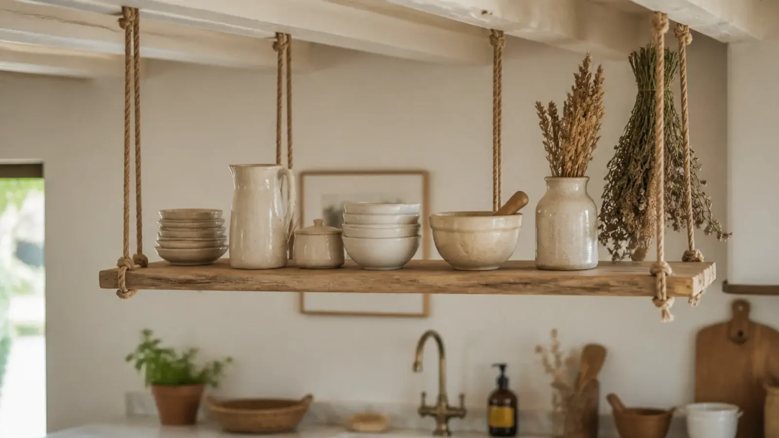 timber kitchen shelf hanging on rope from ceiling joists above a counter