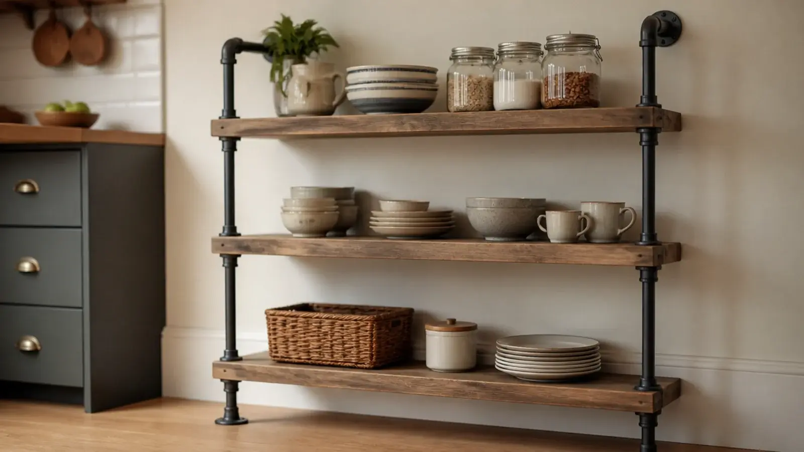 industrial kitchen shelving of scaffold boards on black pipe uprights