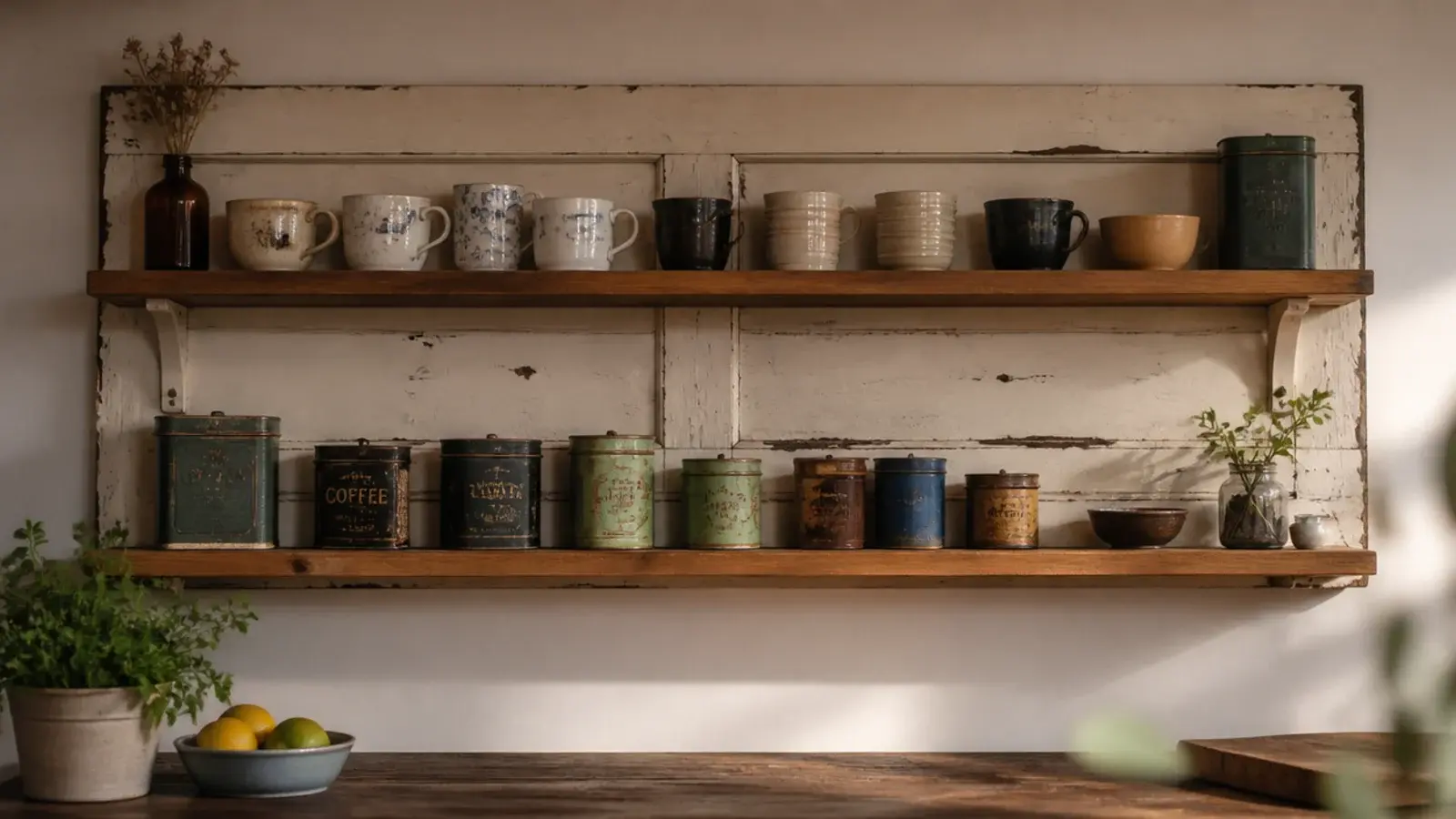 salvaged panelled door used as a backing board behind kitchen shelves