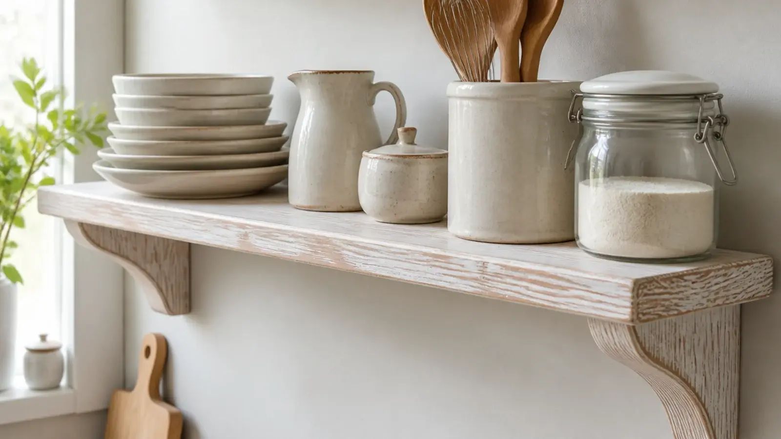 whitewashed pine kitchen shelves with the wood grain visible through paint