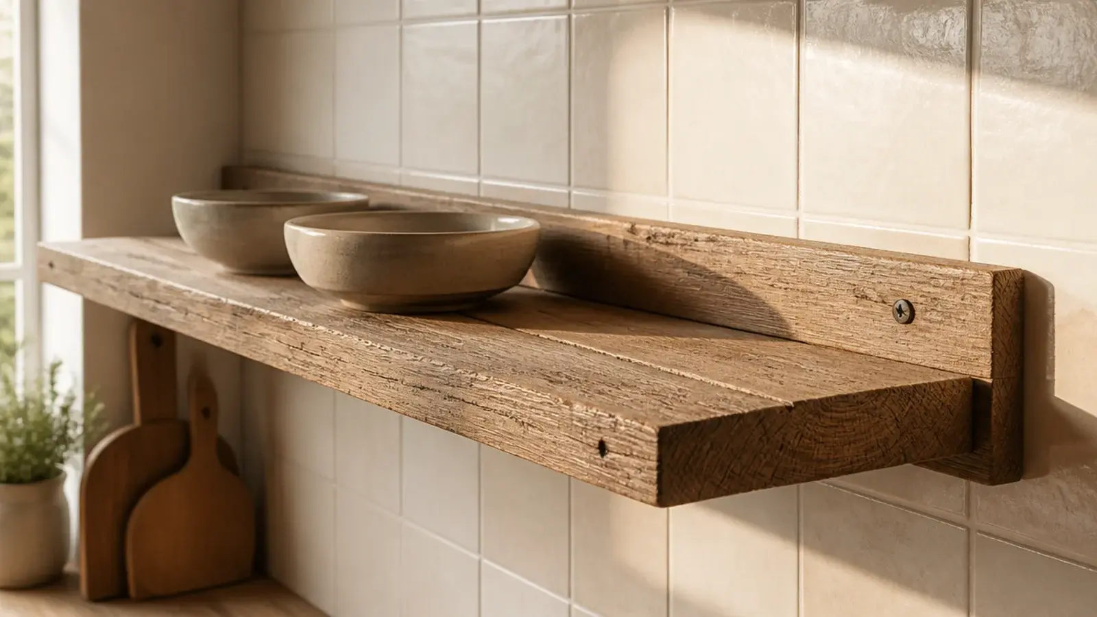 thick timber cleat rail supporting a matching rustic kitchen shelf