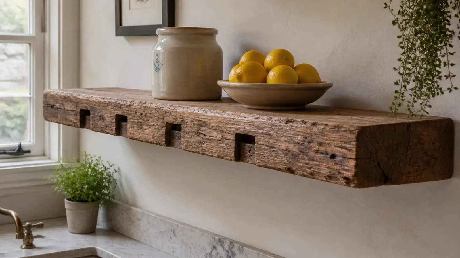 reclaimed floor joist cut down into a deep rustic kitchen shelf