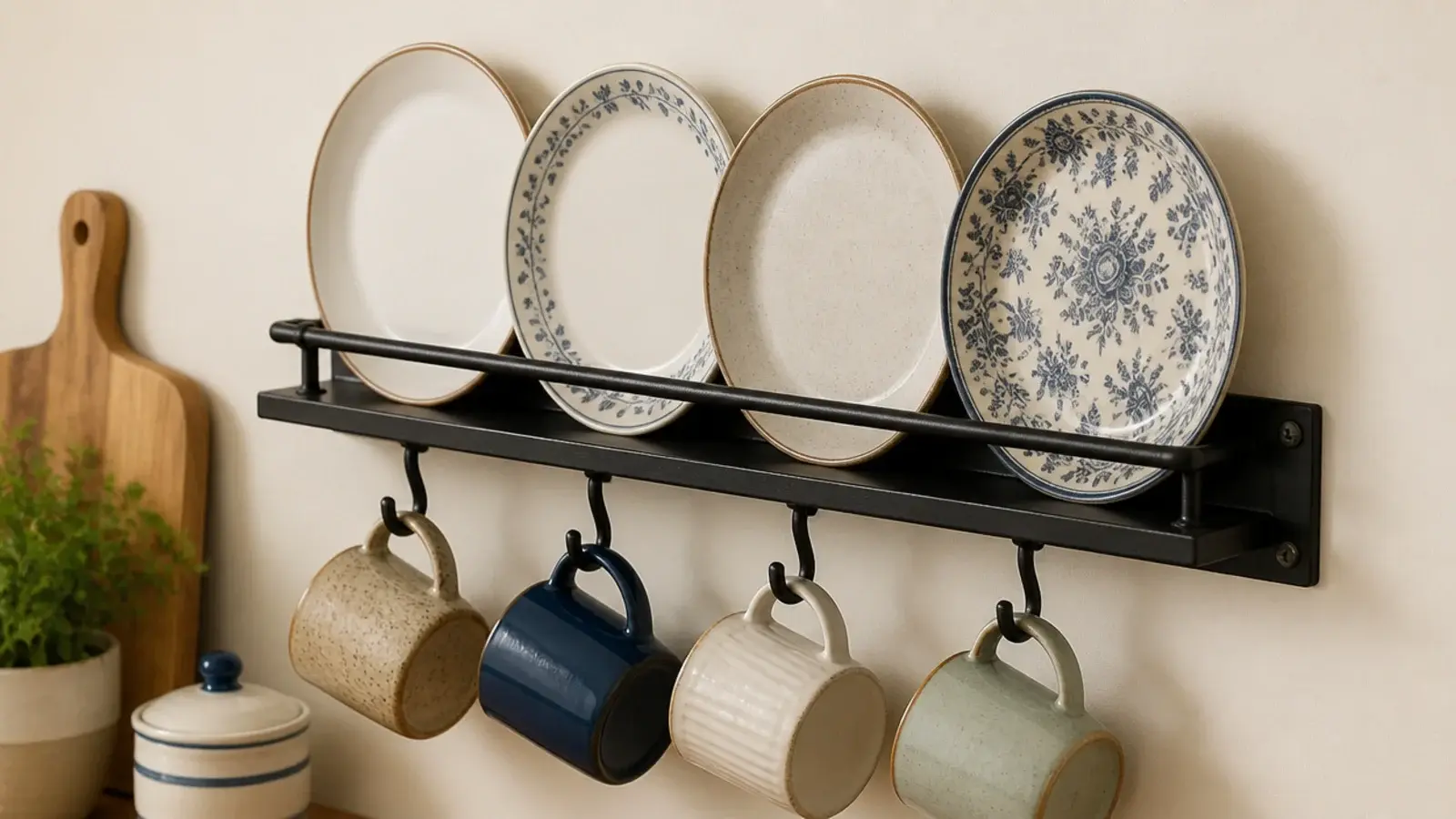 black iron plate rail with hooks holding plates and cups in a kitchen