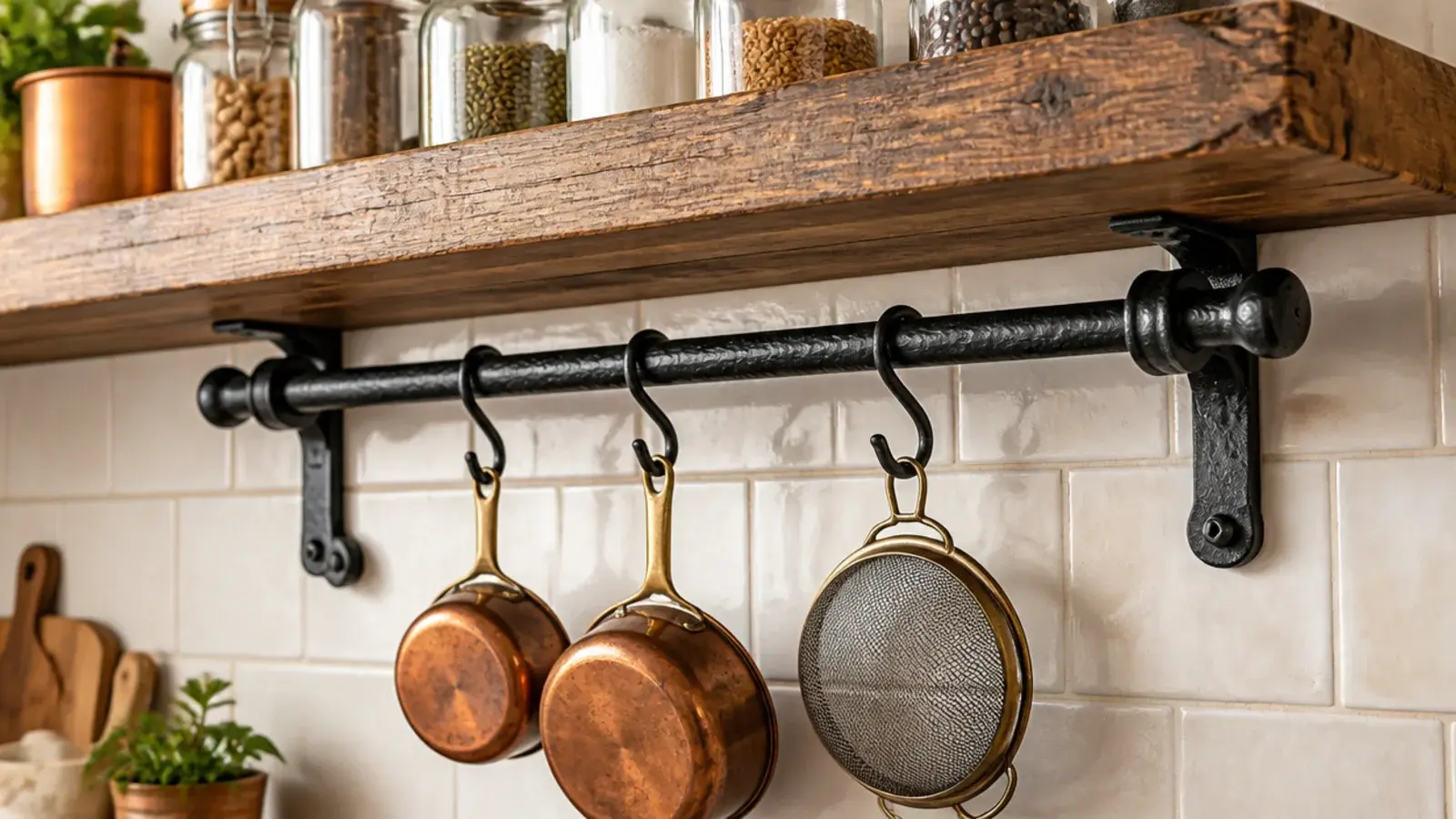 hand forged iron rail under a timber kitchen shelf holding copper pans