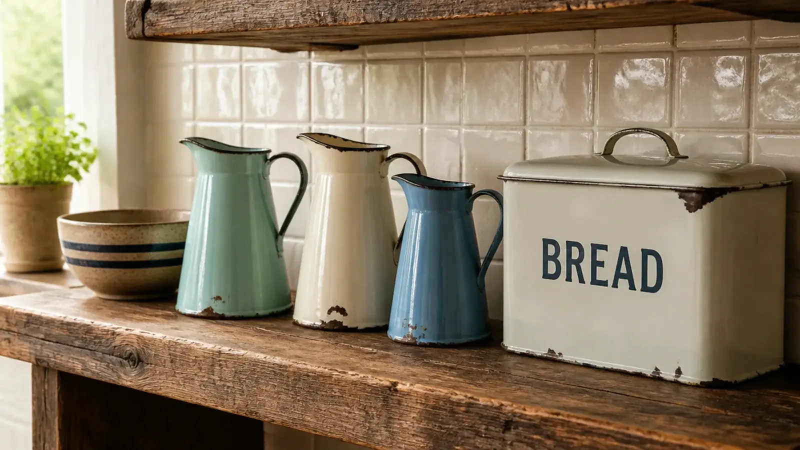 chipped enamel jugs and tins arranged on a rustic kitchen shelf