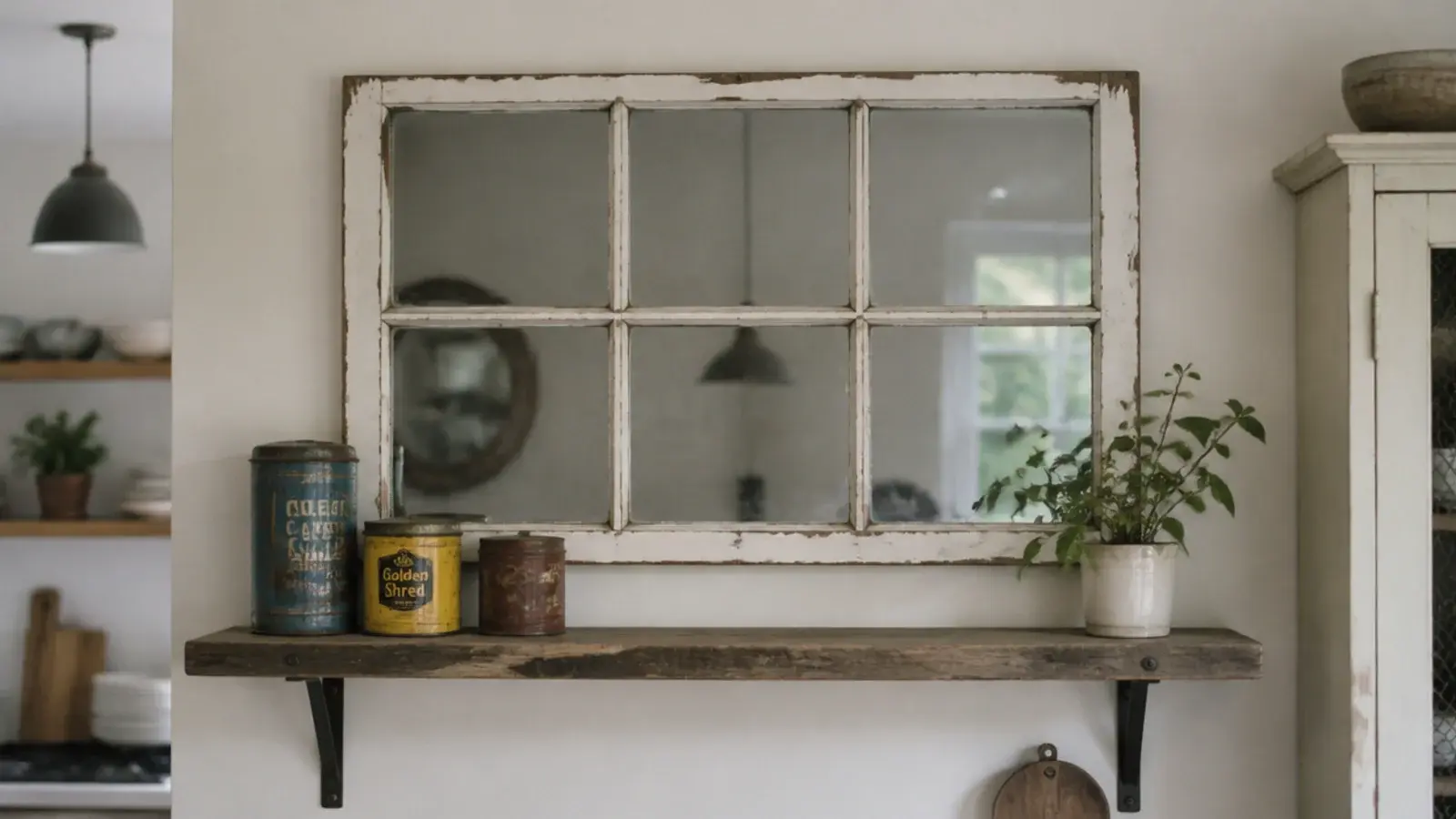 salvaged window frame hung on a kitchen wall above a timber shelf