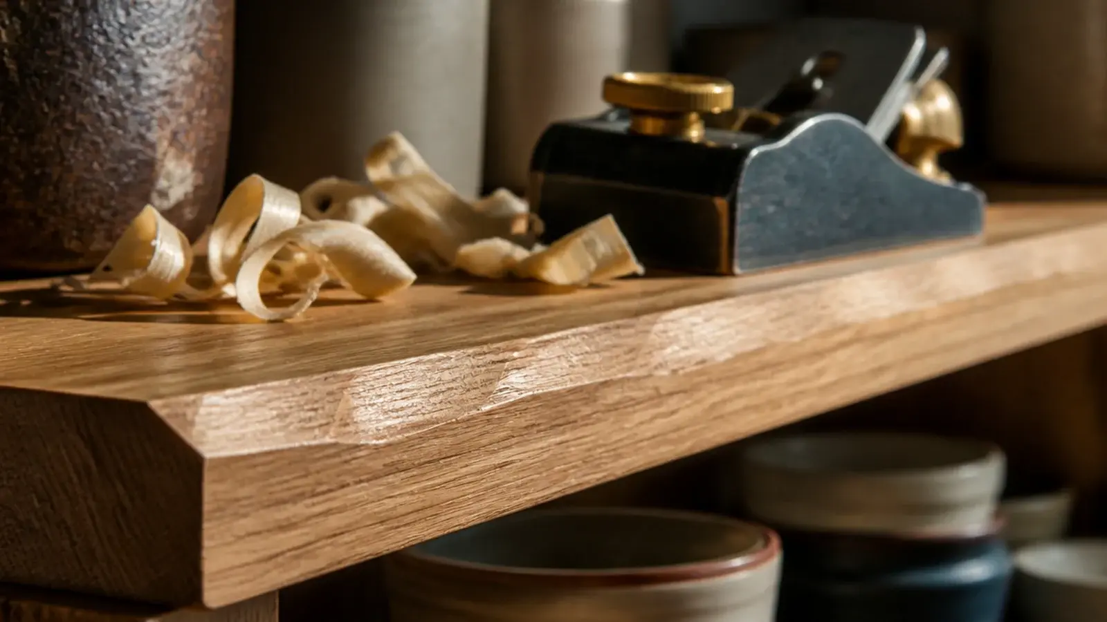 hand planed chamfer along the front edge of a rustic timber shelf