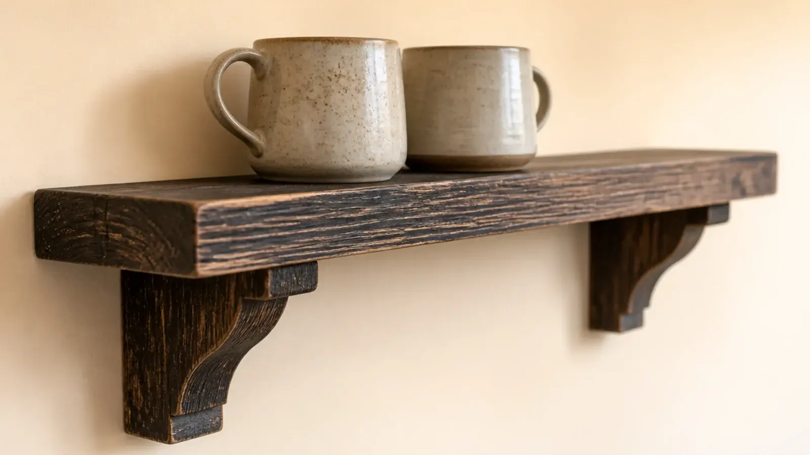 dark stained timber kitchen shelf rubbed back to show pale grain