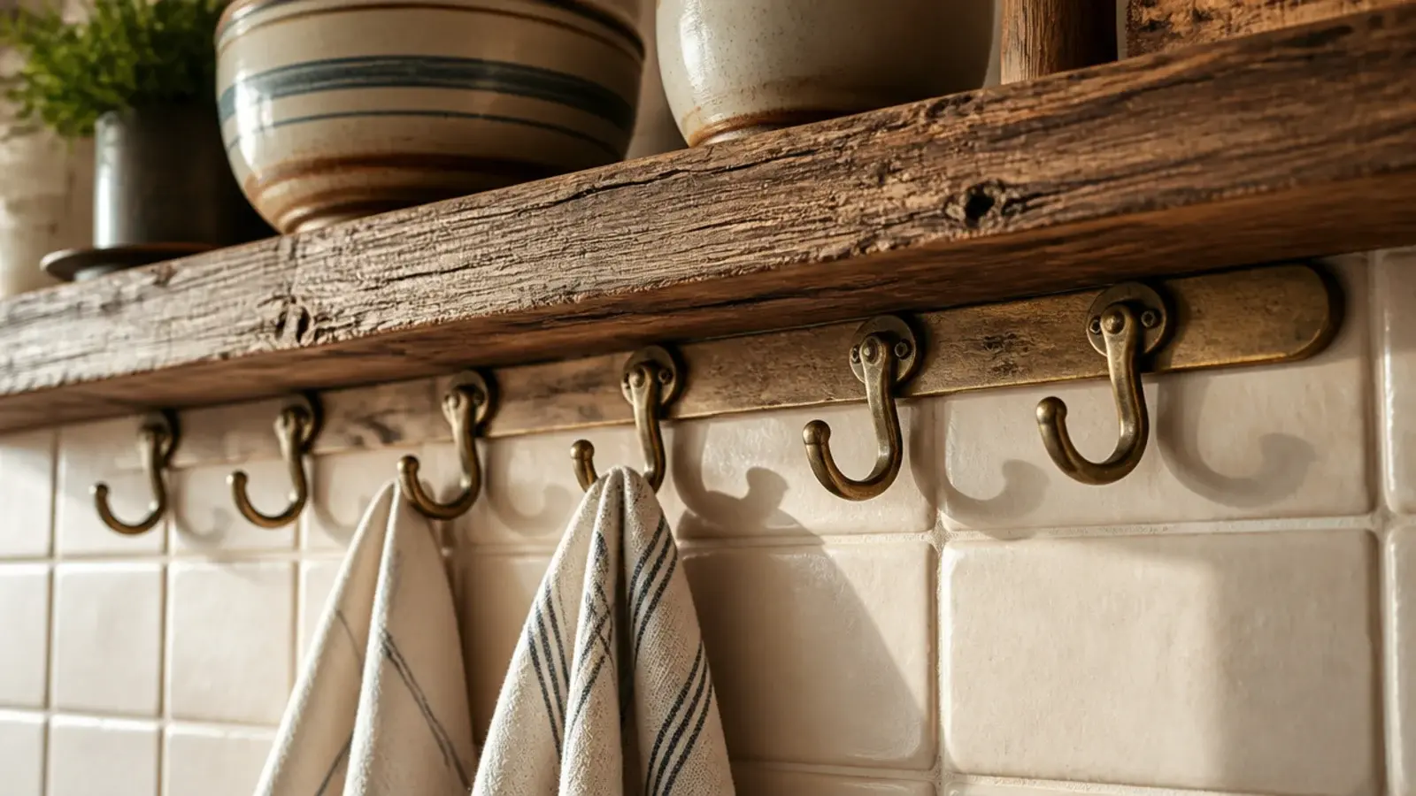 aged brass hooks under a rustic kitchen shelf holding linen cloths