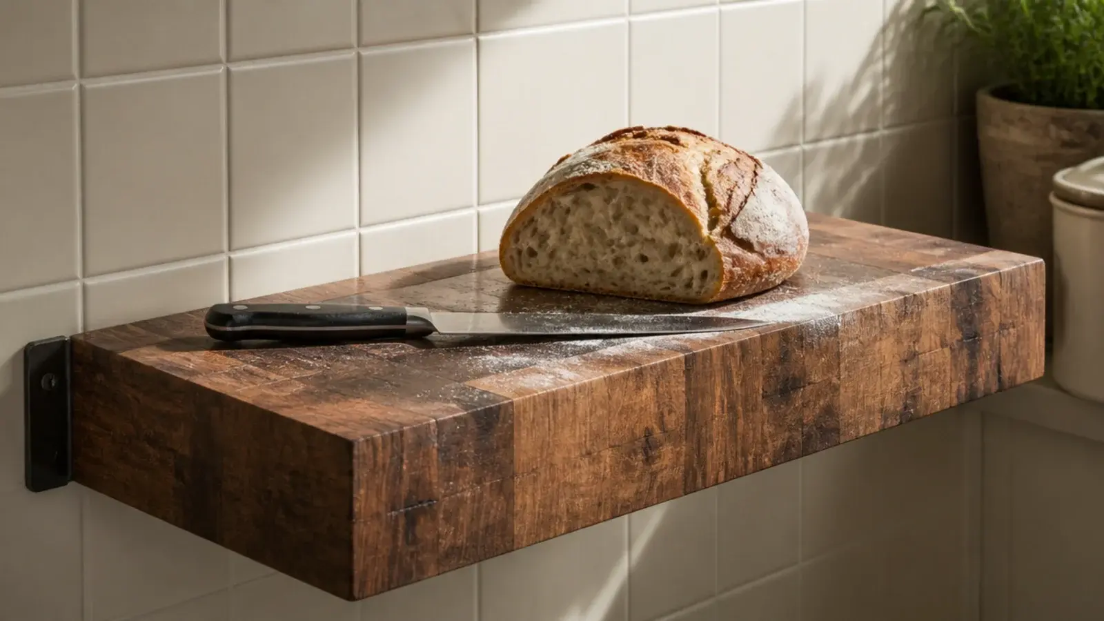 thick butcher block offcut shelf used for chopping in a rustic kitchen