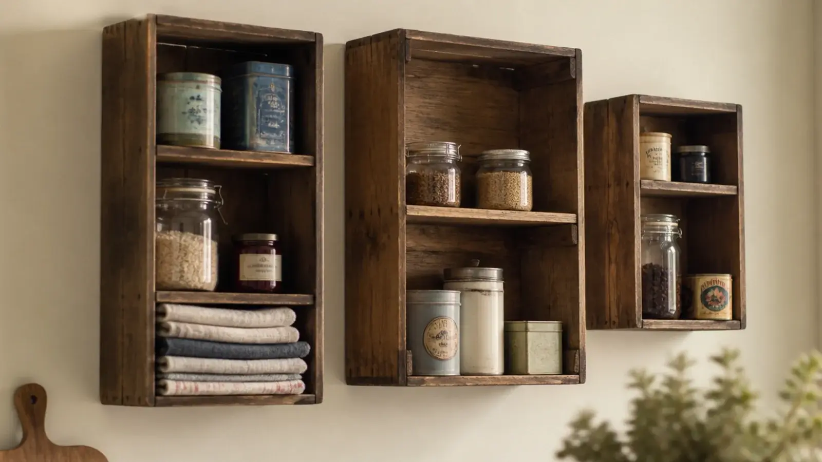 old wooden crates mounted on a kitchen wall as rustic box shelves