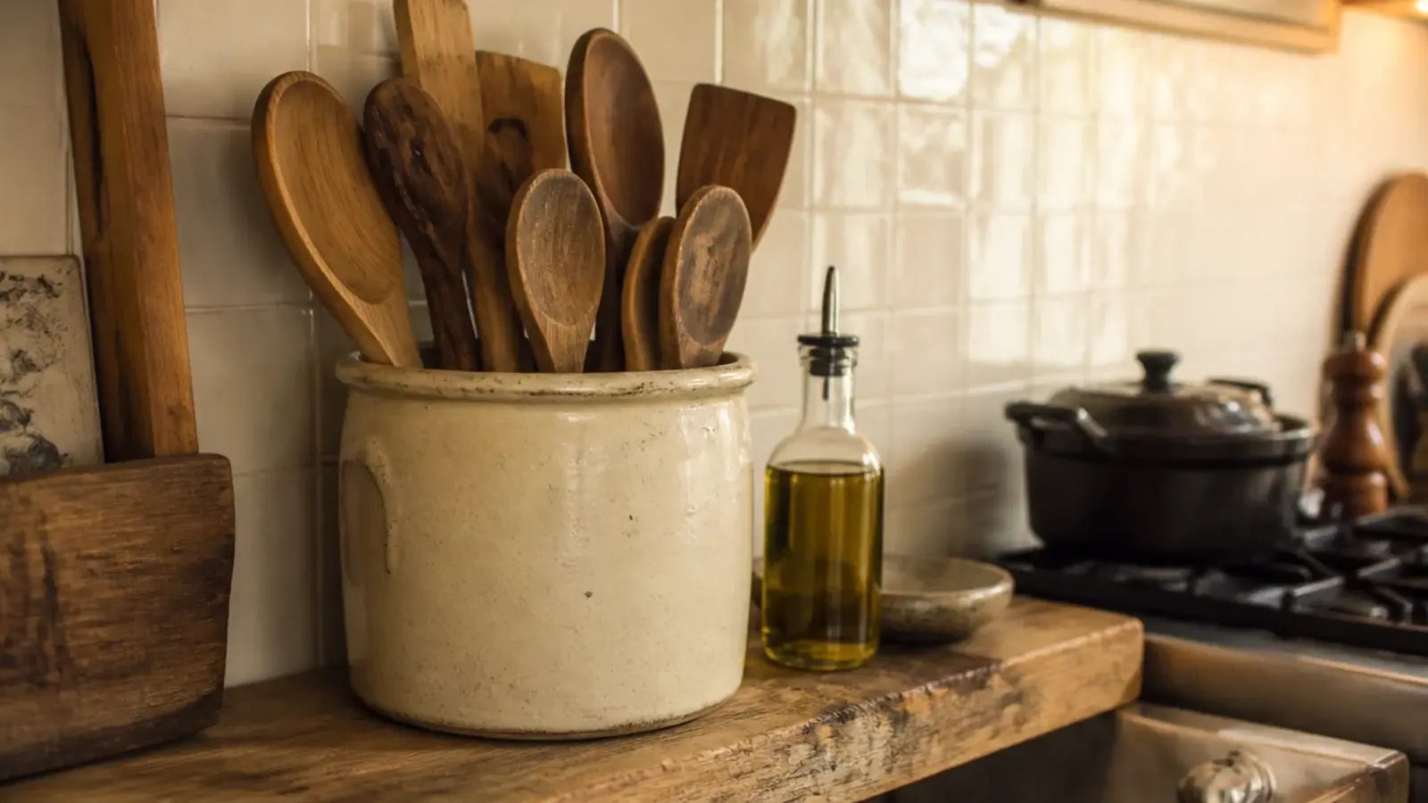 large stoneware crock of wooden spoons on a rustic kitchen shelf