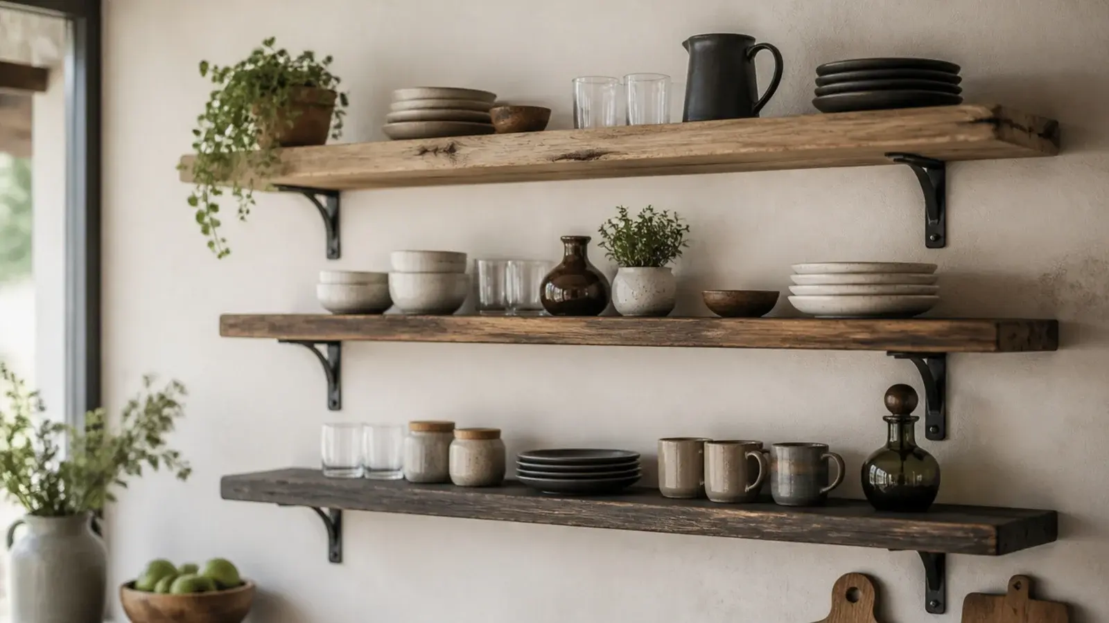 kitchen shelves in three different timber tones on identical iron brackets