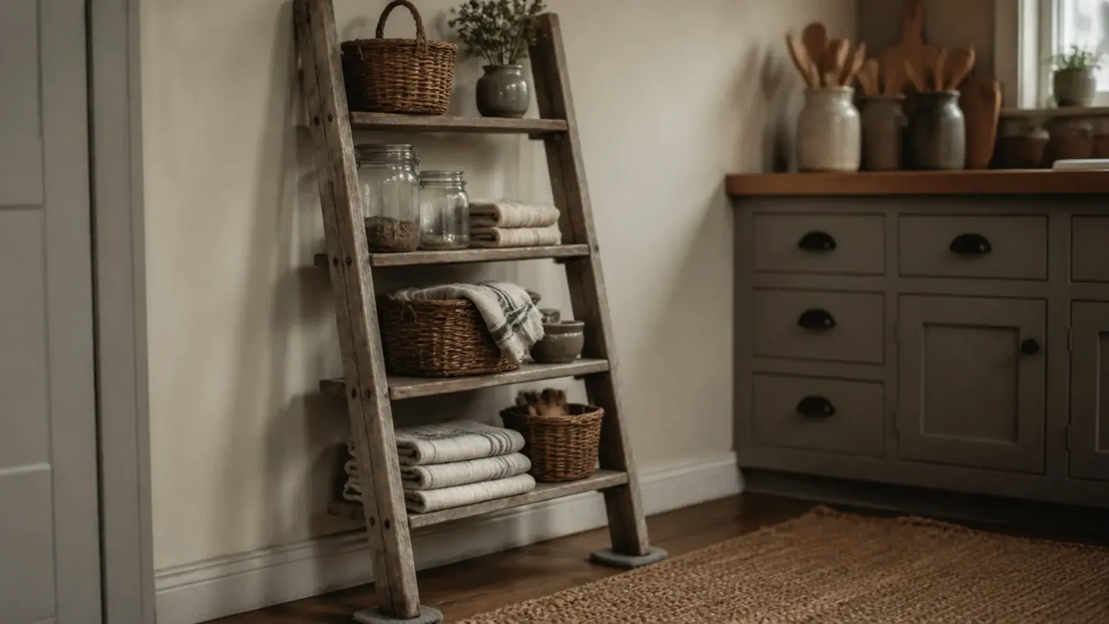 old wooden ladder leaning against a kitchen wall used as open shelving
