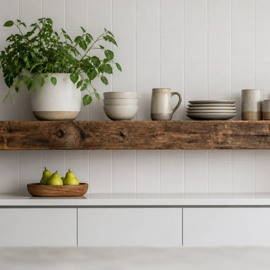 reclaimed timber kitchen shelf mounted against plain modern white tile