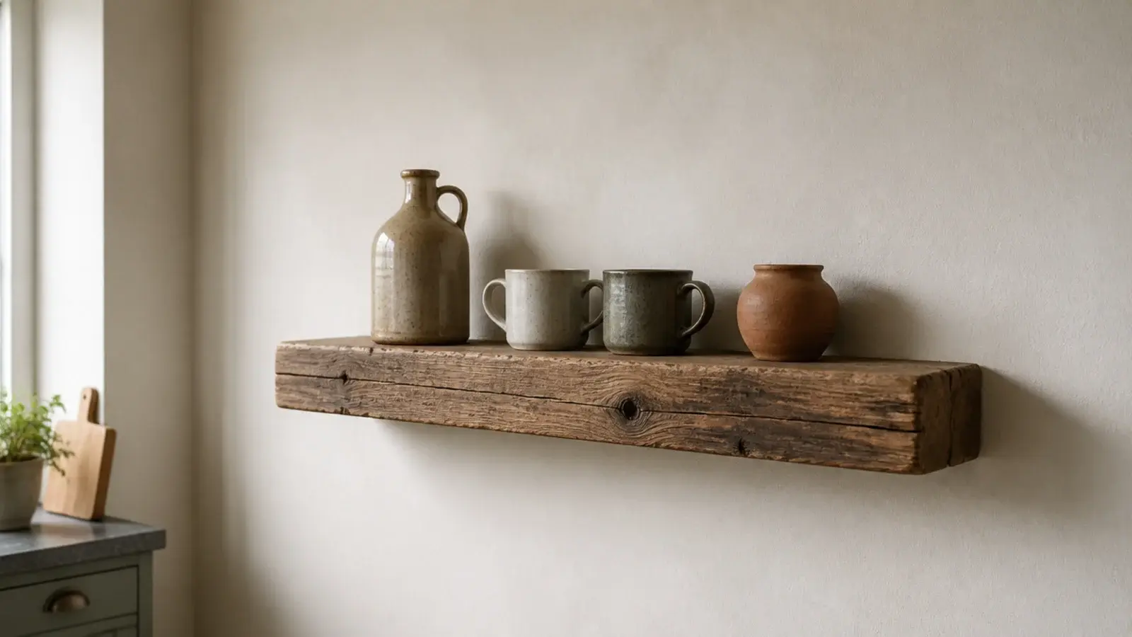 one reclaimed timber shelf alone on a plain kitchen wall with stoneware
