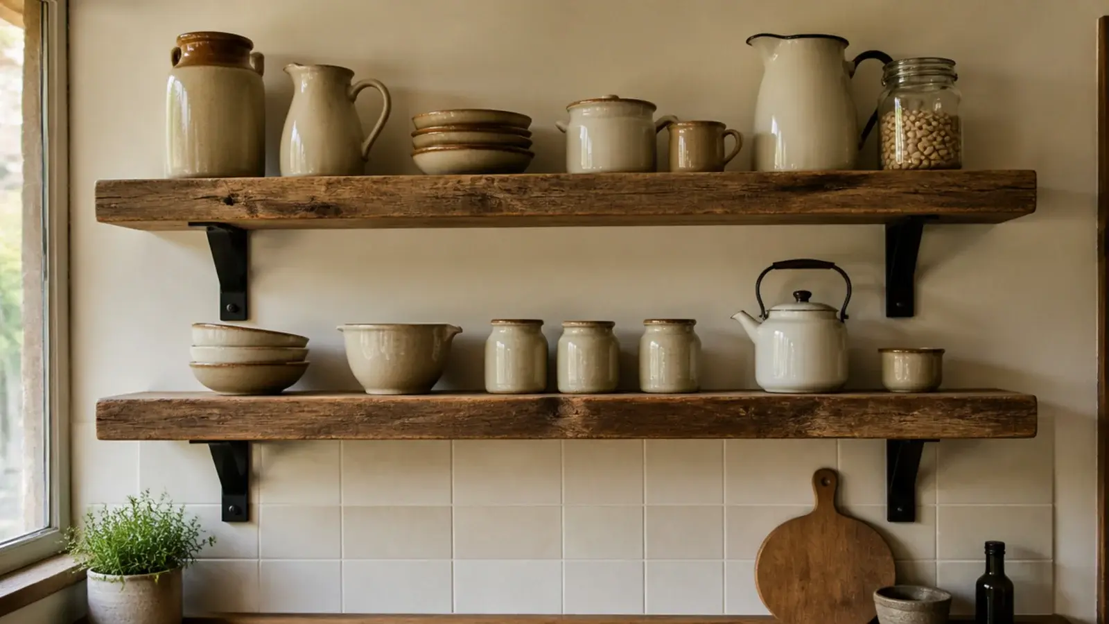 rustic kitchen shelves in reclaimed timber on iron brackets holding stoneware