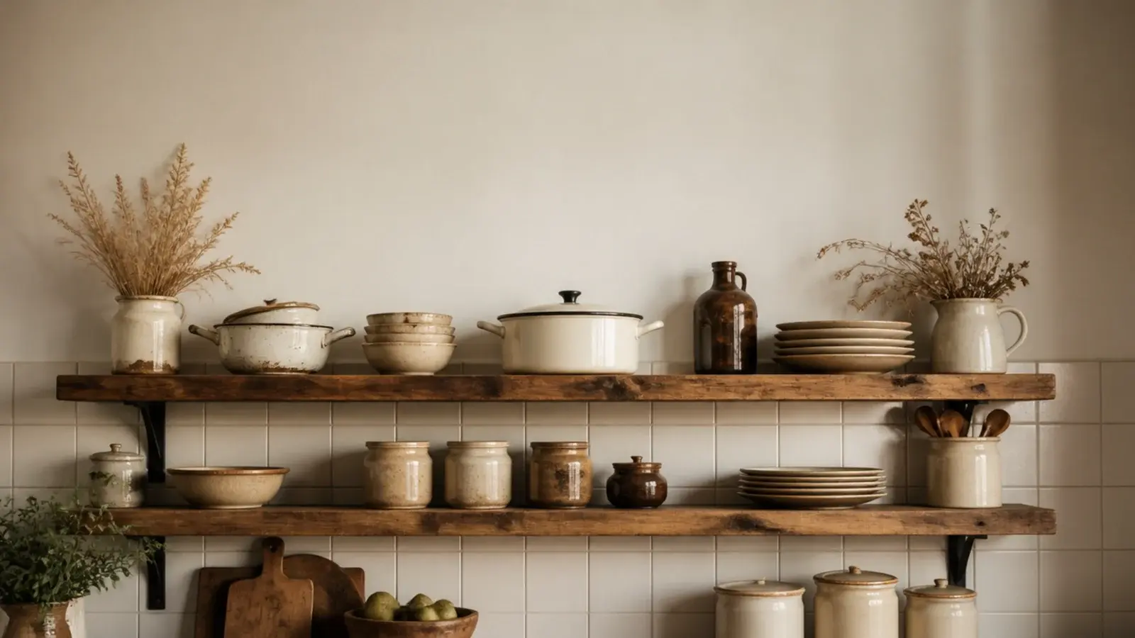 vertical view of rustic kitchen shelves in reclaimed wood with iron brackets