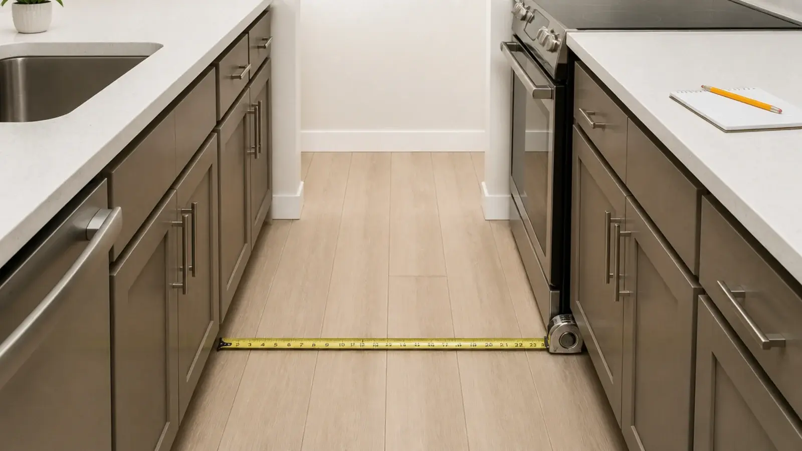 tape measure checking the walkway width in a narrow kitchen before shelving