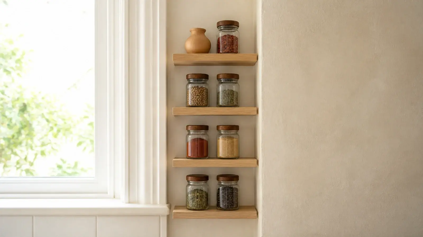 very narrow kitchen shelves fitted in the strip beside a window frame