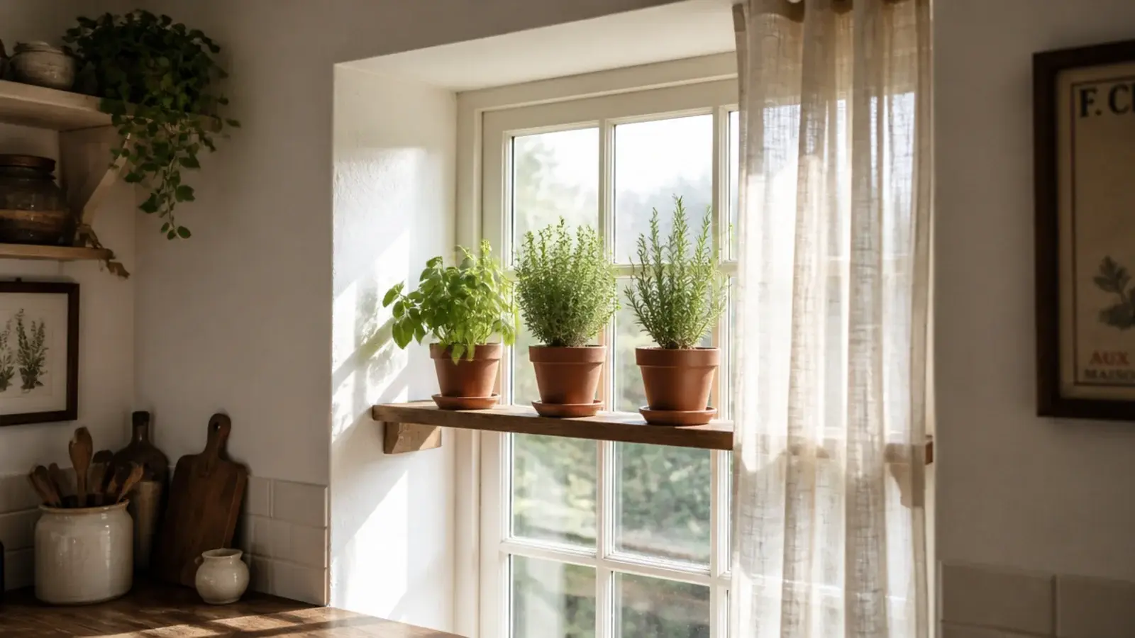 shelf fitted across the reveal of a deep kitchen window holding herbs
