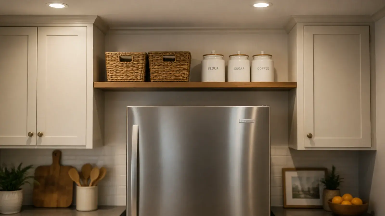 open shelf mounted on the wall above a refrigerator in a small kitchen